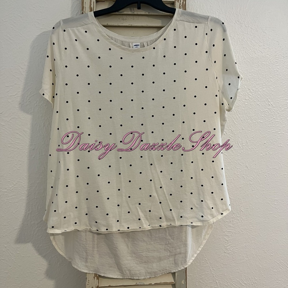 Old Navy Blouse Women's XXL Ivory Polka Dot Short Sleeve Crew Neck Shirt Top